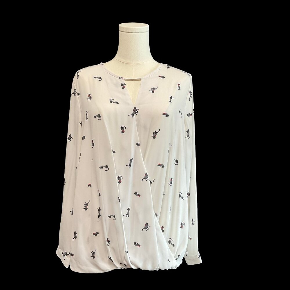 White Kitty Print Blouse w/ Keyhole Details